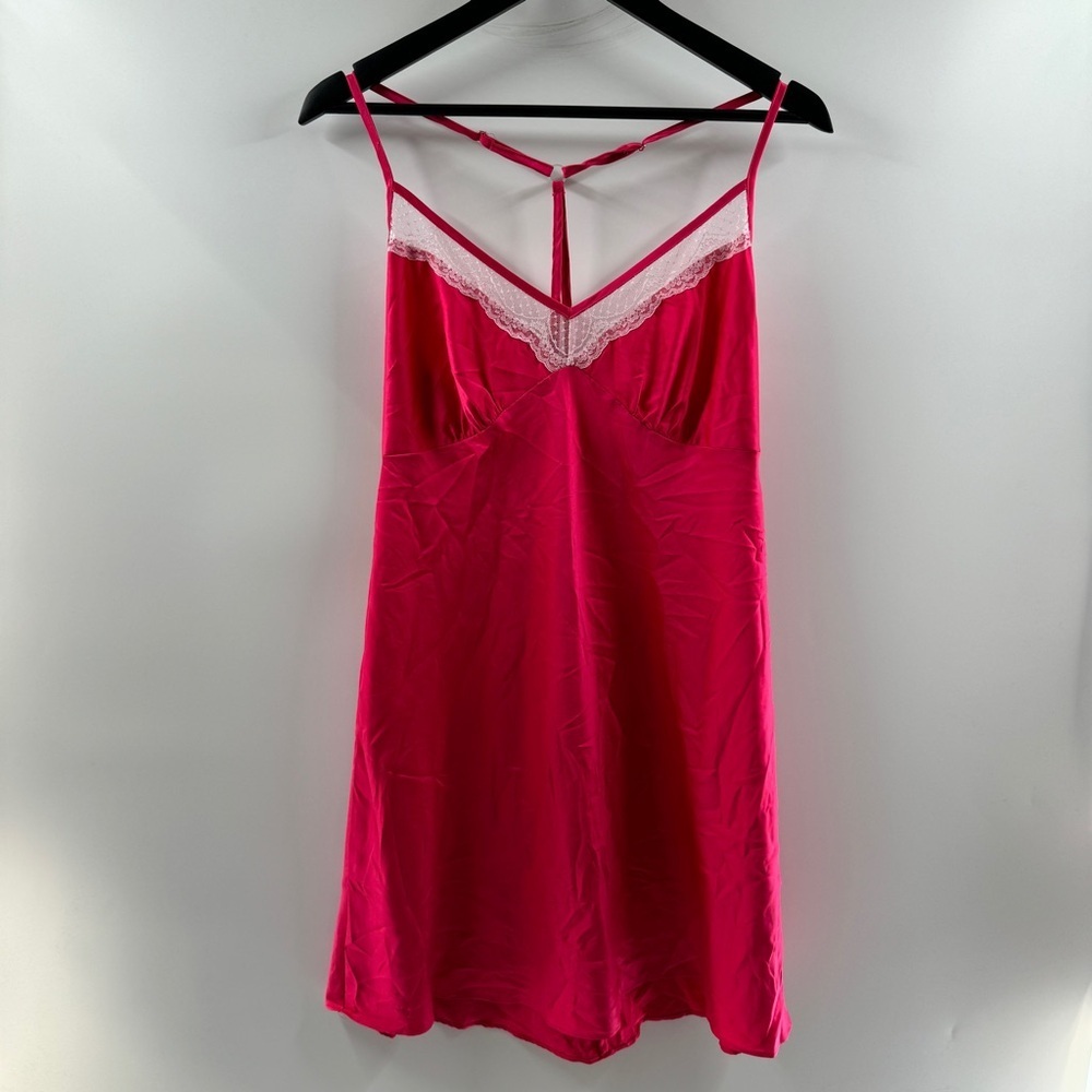Secret Treasures Hot Pink Satin Slip Dress White Lace Trim Size Large